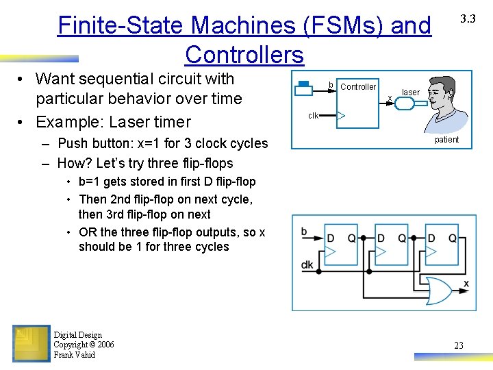 Finite-State Machines (FSMs) and Controllers • Want sequential circuit with particular behavior over time