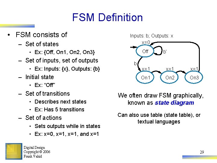 FSM Definition • FSM consists of – Set of states Inputs: b; Outputs: x