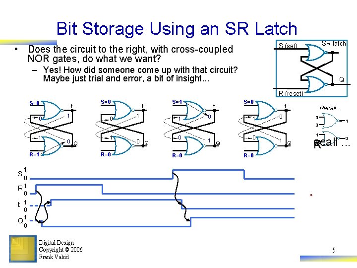 Bit Storage Using an SR Latch SR latch S (set) • Does the circuit