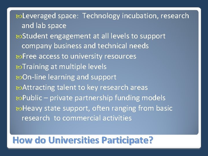  Leveraged space: Technology incubation, research and lab space Student engagement at all levels