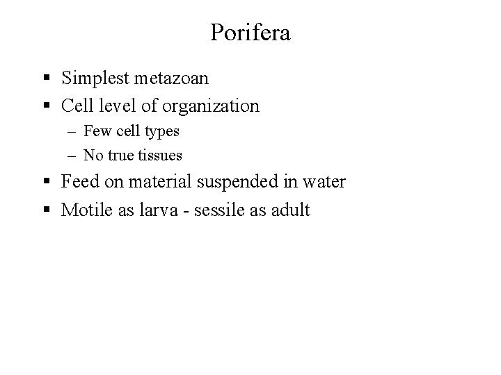Porifera § Simplest metazoan § Cell level of organization – Few cell types –