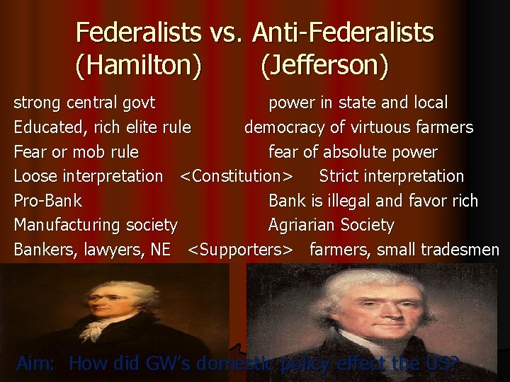 Federalists vs. Anti-Federalists (Hamilton) (Jefferson) strong central govt power in state and local Educated,