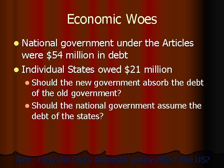 Economic Woes l National government under the Articles were $54 million in debt l