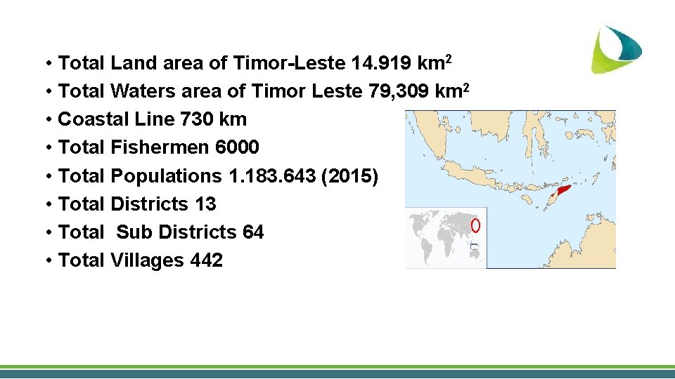  • Total Land area of Timor-Leste 14. 919 km 2 • Total Waters