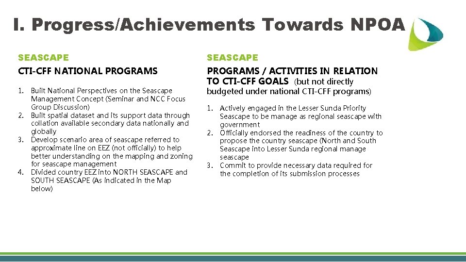 I. Progress/Achievements Towards NPOA SEASCAPE CTI-CFF NATIONAL PROGRAMS / ACTIVITIES IN RELATION TO CTI-CFF