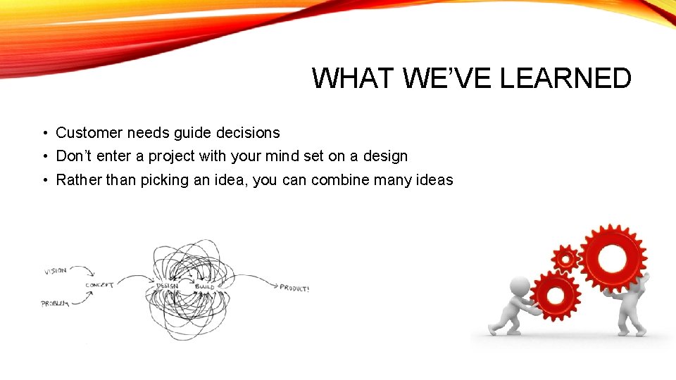 WHAT WE’VE LEARNED • Customer needs guide decisions • Don’t enter a project with