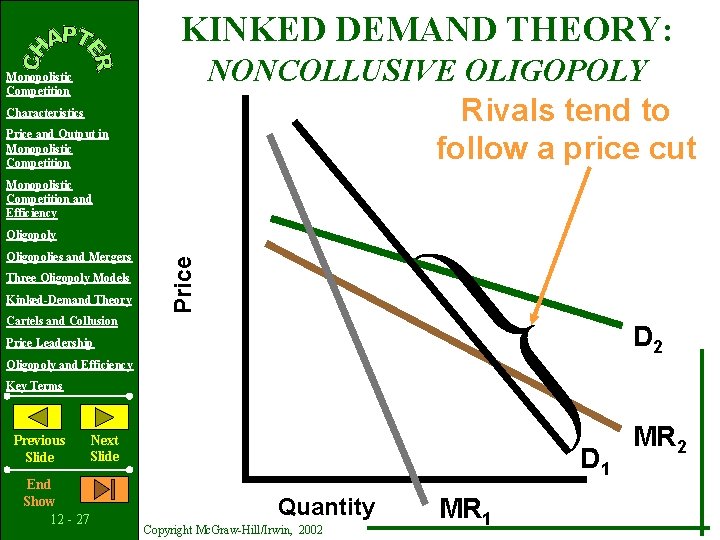 KINKED DEMAND THEORY: NONCOLLUSIVE OLIGOPOLY Rivals tend to follow a price cut Monopolistic Competition