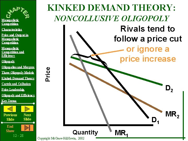 KINKED DEMAND THEORY: NONCOLLUSIVE OLIGOPOLY Rivals tend to follow a price cut or ignore