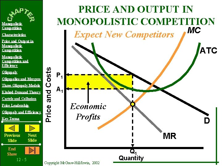 PRICE AND OUTPUT IN MONOPOLISTIC COMPETITION Expect New Competitors MC Monopolistic Competition Characteristics Price