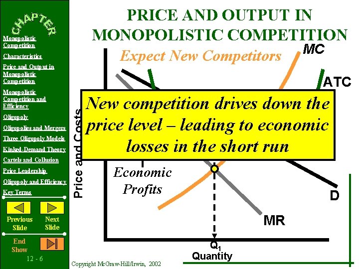 PRICE AND OUTPUT IN MONOPOLISTIC COMPETITION Expect New Competitors MC Monopolistic Competition Characteristics Price