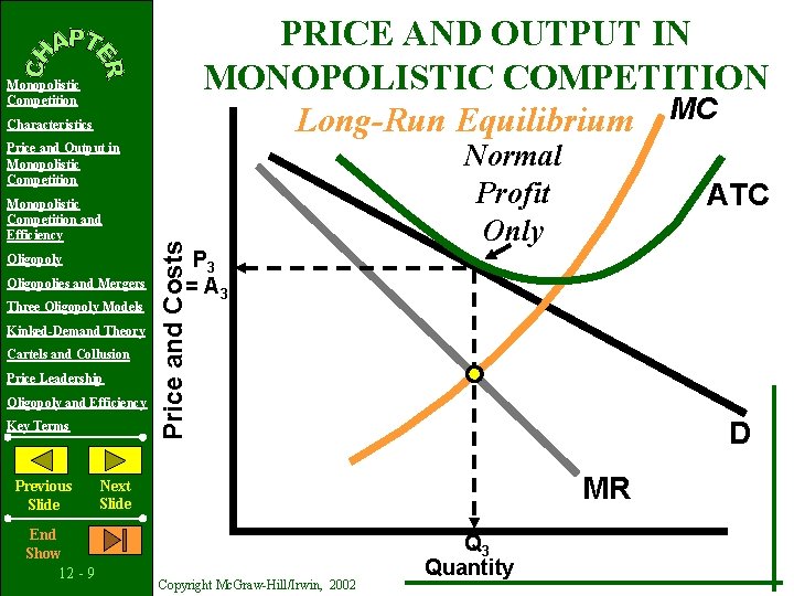 PRICE AND OUTPUT IN MONOPOLISTIC COMPETITION Long-Run Equilibrium MC Monopolistic Competition Characteristics Monopolistic Competition