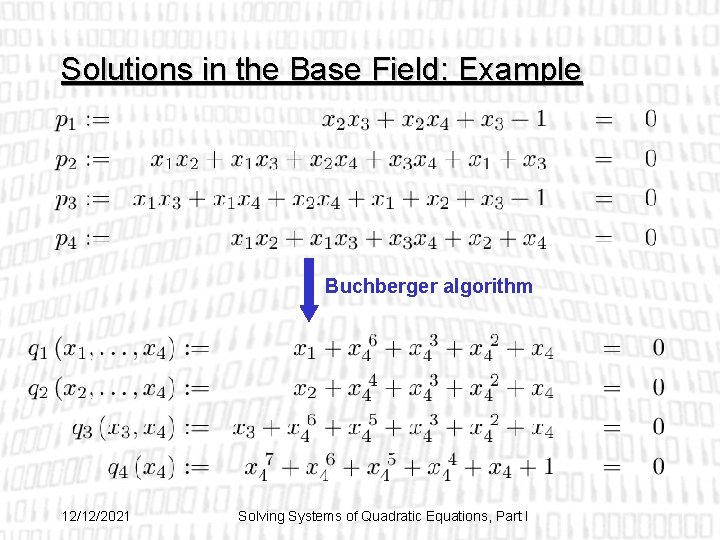 Solutions in the Base Field: Example Buchberger algorithm 12/12/2021 Solving Systems of Quadratic Equations,