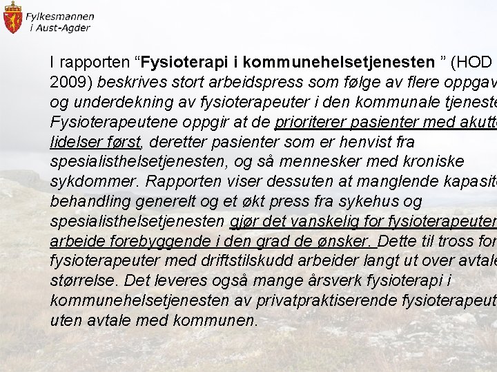 I rapporten “Fysioterapi i kommunehelsetjenesten ” (HOD 2009) beskrives stort arbeidspress som følge av