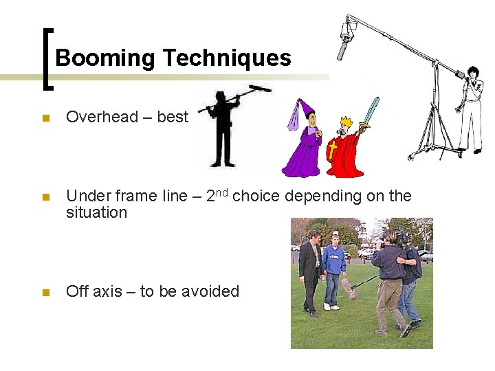 Booming Techniques n Overhead – best n Under frame line – 2 nd choice