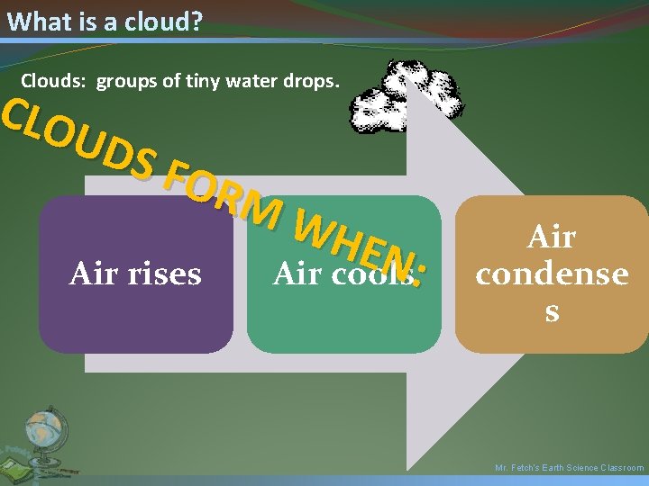 What is a cloud? Clouds: groups of tiny water drops. CLO UDS FOR MW