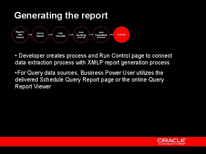 Generating the report • Developer creates process and Run Control page to connect data