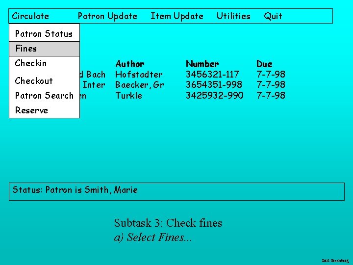 Circulate Patron Update Item Update Utilities Quit Patron Status CHECKOUT Fines Checkin Title Godel,