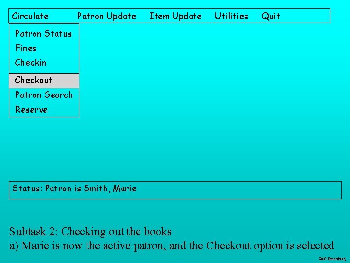 Circulate Patron Update Item Update Utilities Quit Patron Status Fines Checkin Checkout Patron Search