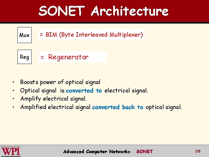 SONET Architecture • • Mux = BIM (Byte Interleaved Multiplexer) Reg = Regenerator Boosts SONET Architecture • • Mux = BIM (Byte Interleaved Multiplexer) Reg = Regenerator Boosts