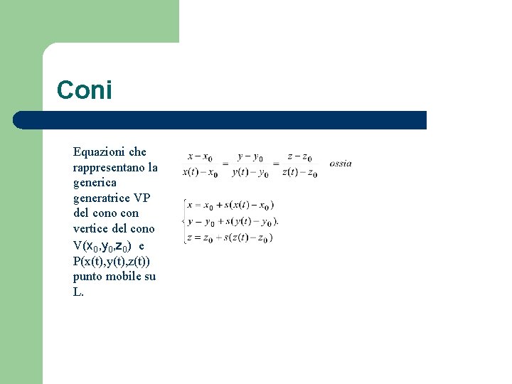 Coni Equazioni che rappresentano la generica generatrice VP del cono con vertice del cono