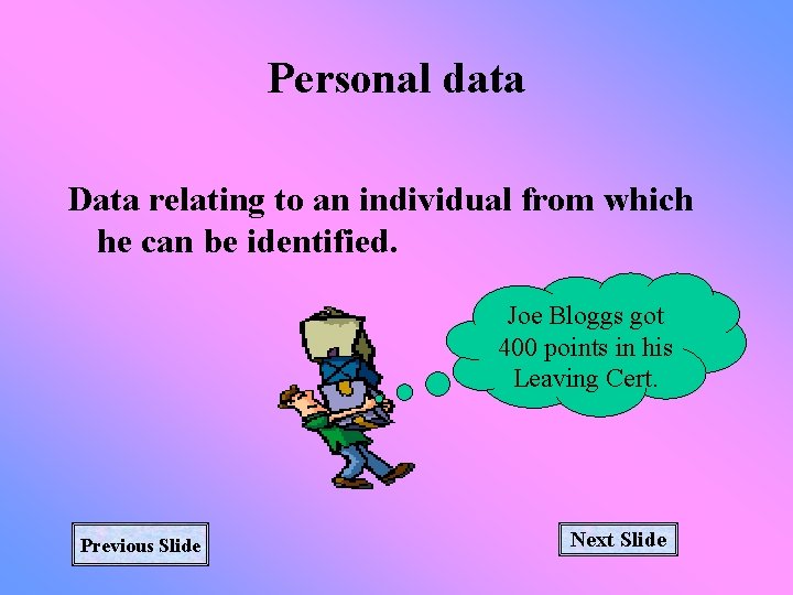 Personal data Data relating to an individual from which he can be identified. Joe