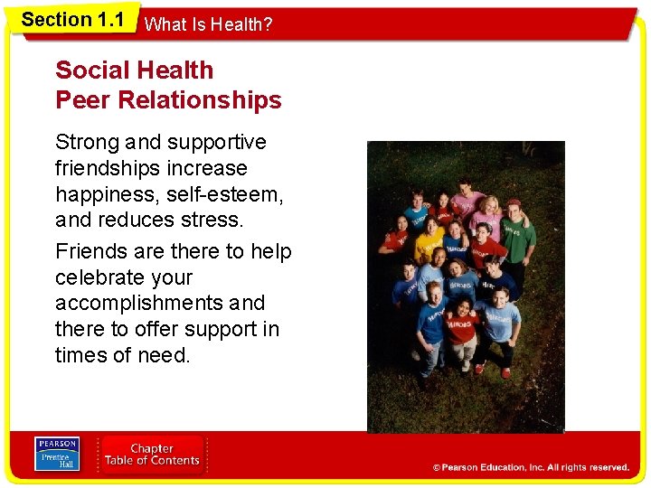 Section 1. 1 What Is Health? Social Health Peer Relationships Strong and supportive friendships