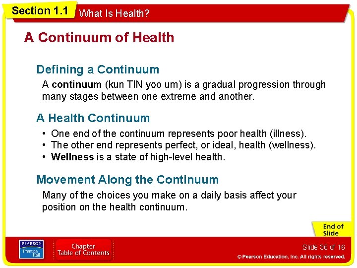 Section 1. 1 What Is Health? A Continuum of Health Defining a Continuum A