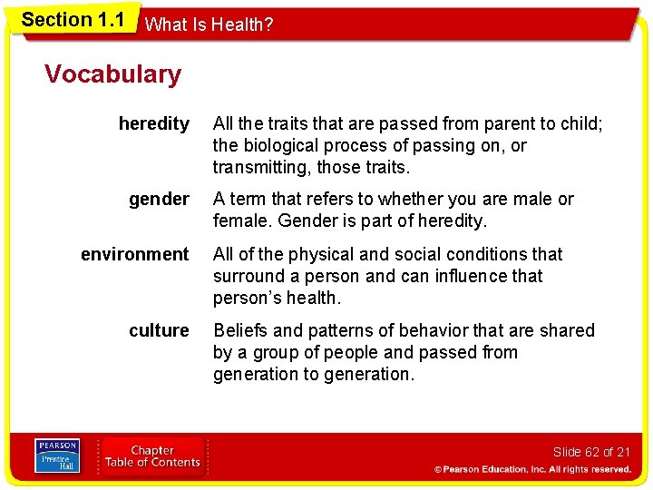 Section 1. 1 What Is Health? Vocabulary heredity gender environment culture All the traits