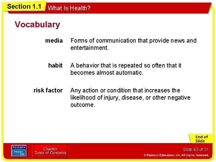 Section 1. 1 What Is Health? Vocabulary media habit risk factor Forms of communication