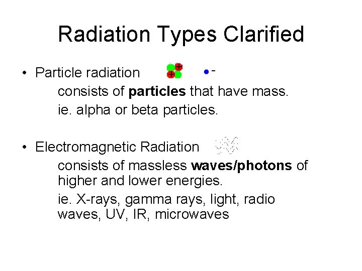 Radiation Types Clarified + • Particle radiation + consists of particles that have mass.