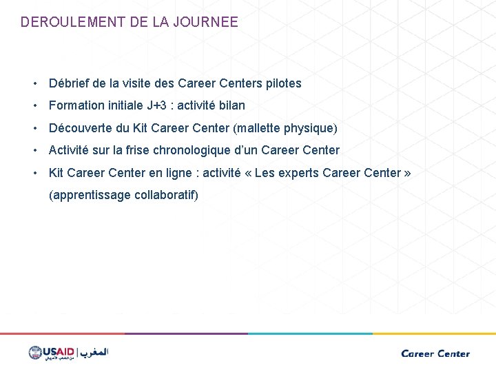 DEROULEMENT DE LA JOURNEE • Débrief de la visite des Career Centers pilotes •