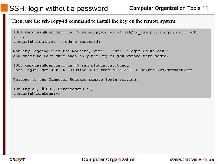SSH: login without a password Computer Organization Tools 11 Then, use the ssh-copy-id command