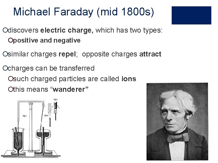 Michael Faraday (mid 1800 s) ¡discovers electric charge, which has two types: ¡positive and