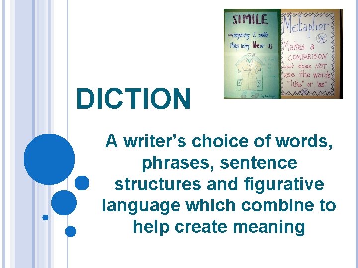 DICTION A writer’s choice of words, phrases, sentence structures and figurative language which combine