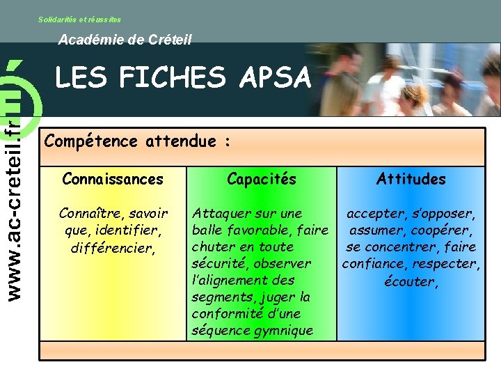 Solidarités et réussites Académie de Créteil LES FICHES APSA Compétence attendue : Connaissances Connaître,