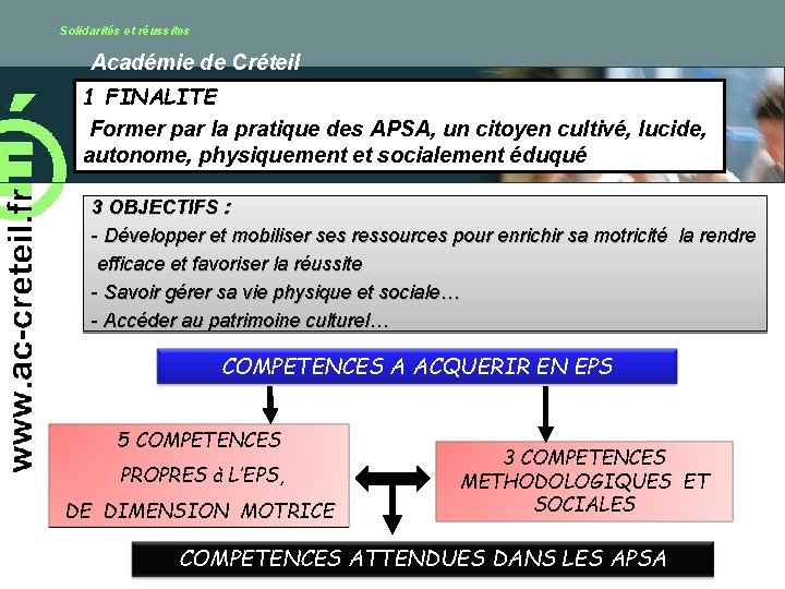 Solidarités et réussites Académie de Créteil 1 FINALITE Former par la pratique des APSA,