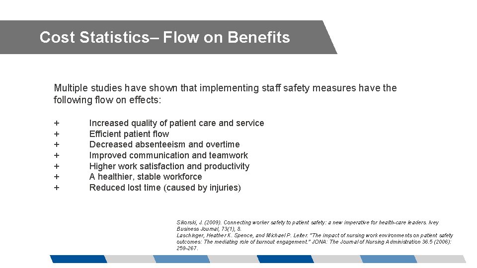Cost Statistics– Flow on Benefits Multiple studies have shown that implementing staff safety measures