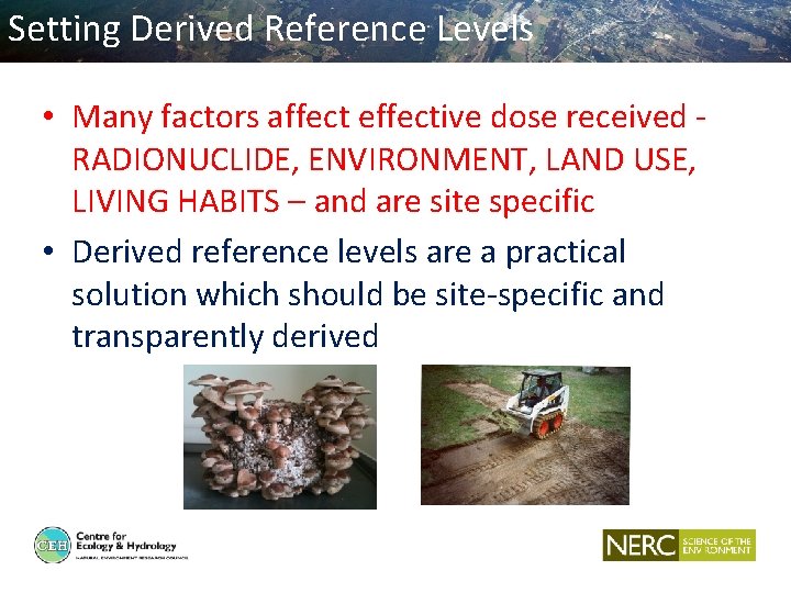 Setting Derived Reference Levels • Many factors affect effective dose received RADIONUCLIDE, ENVIRONMENT, LAND