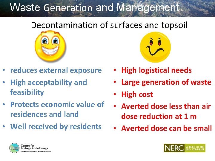 Waste Generation and Management Decontamination of surfaces and topsoil • reduces external exposure •