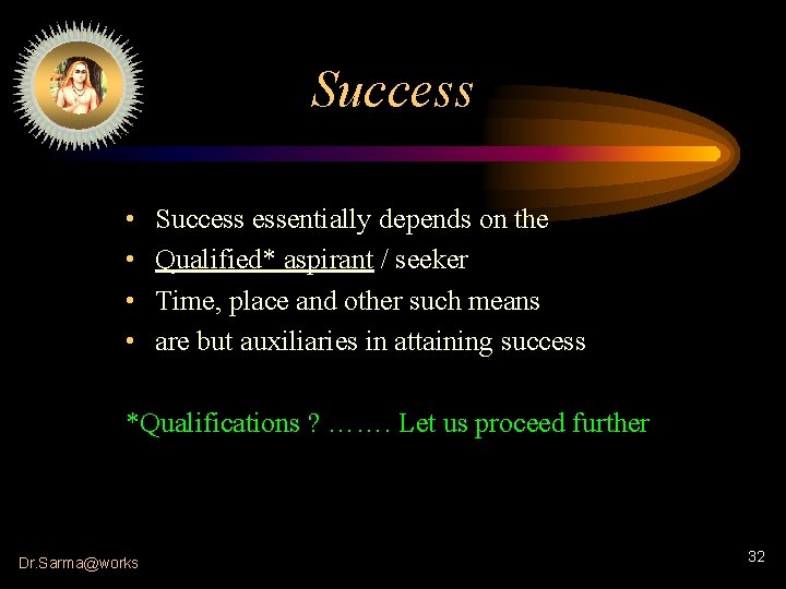 Success • • Success essentially depends on the Qualified* aspirant / seeker Time, place