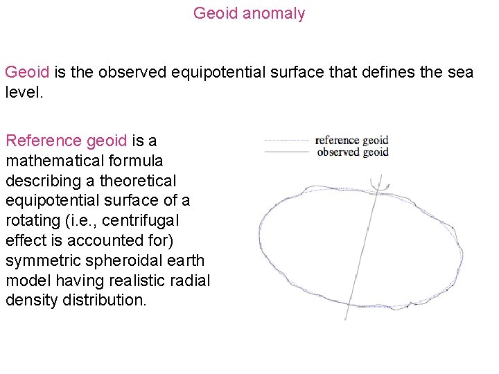 Geoid anomaly Geoid is the observed equipotential surface that defines the sea level. Reference