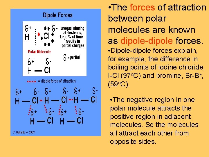  • The forces of attraction between polar molecules are known as dipole-dipole forces.