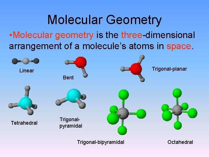 Molecular Geometry • Molecular geometry is the three-dimensional arrangement of a molecule’s atoms in