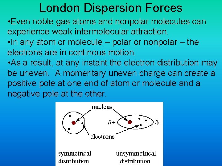 London Dispersion Forces • Even noble gas atoms and nonpolar molecules can experience weak