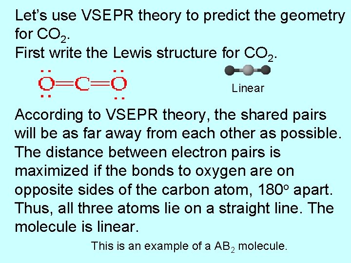 Let’s use VSEPR theory to predict the geometry for CO 2. First write the