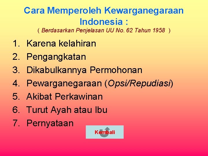 Cara Memperoleh Kewarganegaraan Indonesia : ( Berdasarkan Penjelasan UU No. 62 Tahun 1958 )