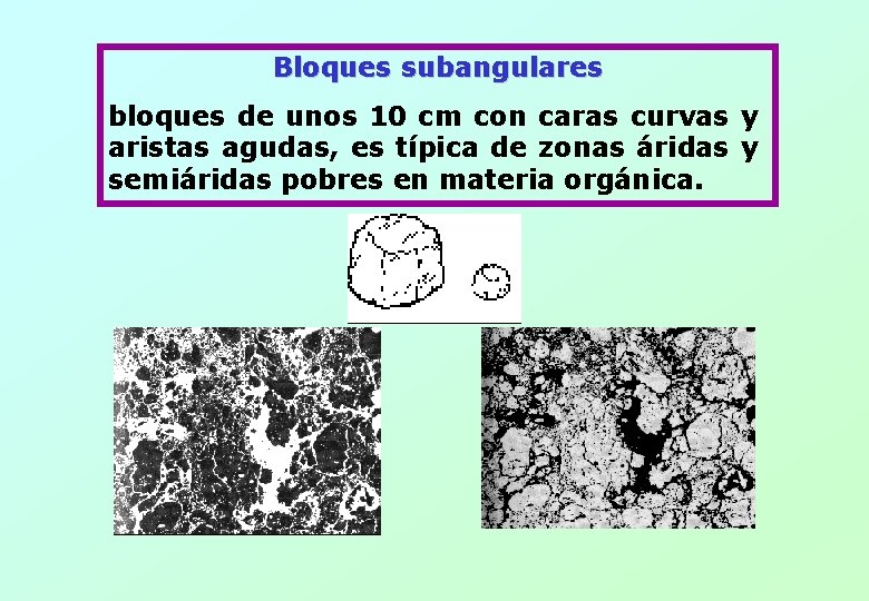 Bloques subangulares bloques de unos 10 cm con caras curvas y aristas agudas, es