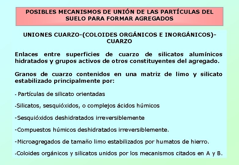 POSIBLES MECANISMOS DE UNIÓN DE LAS PARTÍCULAS DEL SUELO PARA FORMAR AGREGADOS UNIONES CUARZO-(COLOIDES