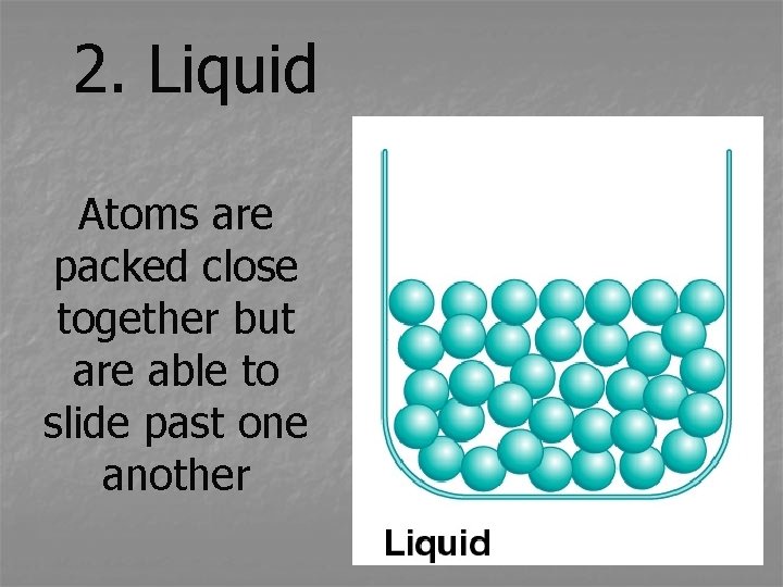 2. Liquid Atoms are packed close together but are able to slide past one