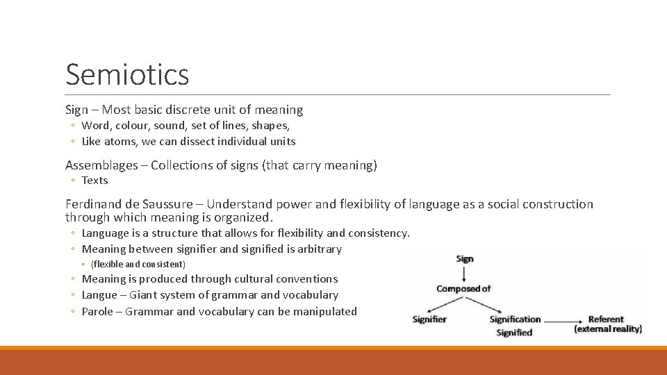 Semiotics Sign – Most basic discrete unit of meaning ◦ Word, colour, sound, set